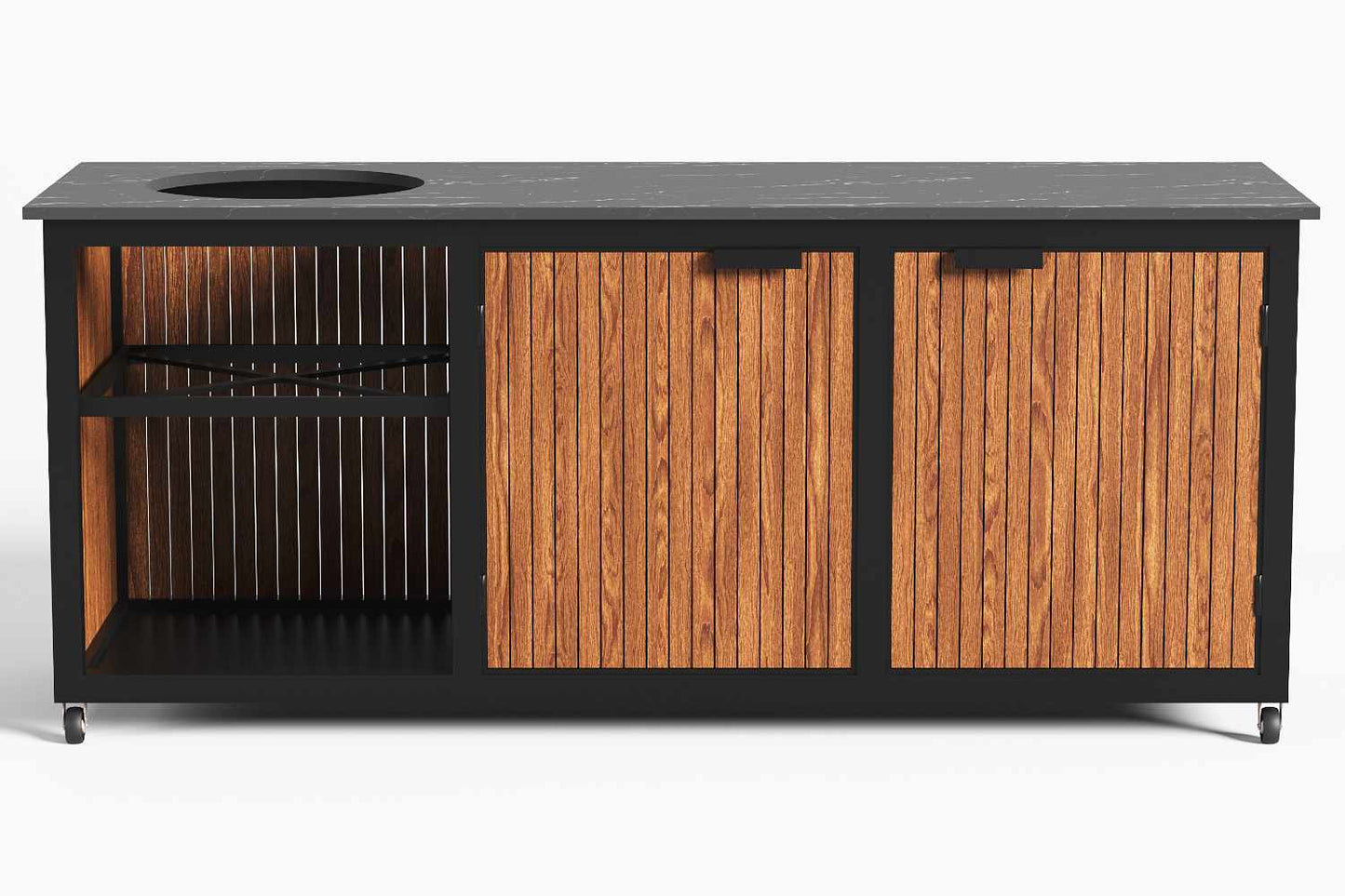 Luxe buitenkeuken met zwart stalen frame en hardhouten afwerking en dekton werkblad van R&A Buitenleven