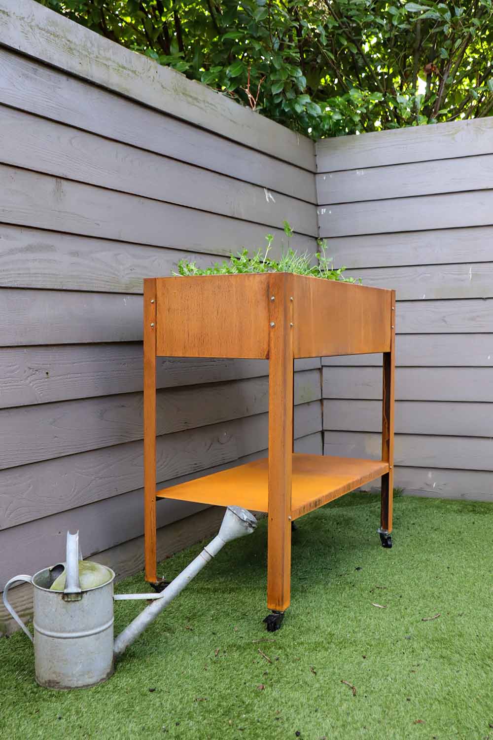 Kweektafel van cortenstaal met kruiden op wielen