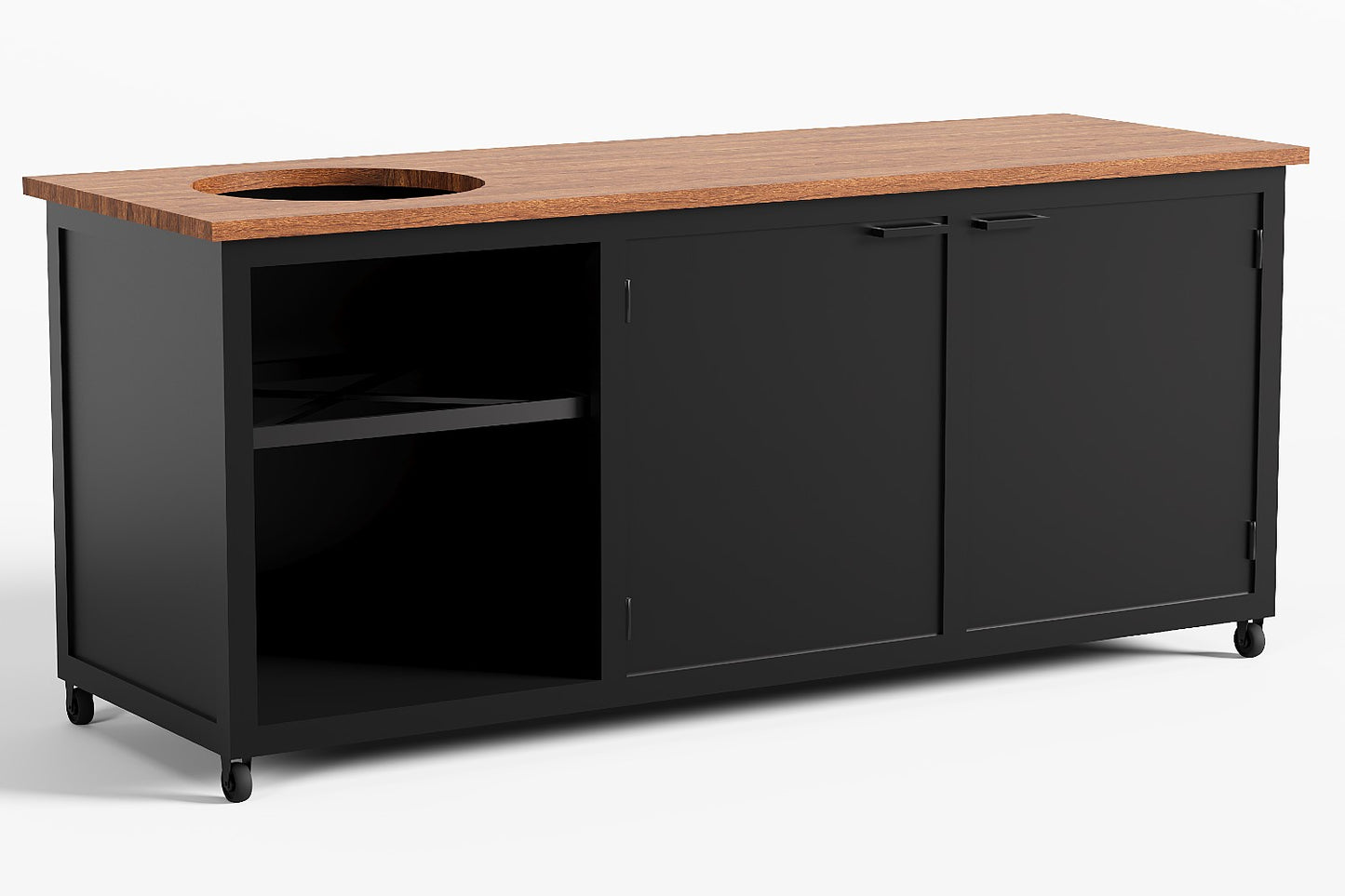 Moderne strakke zwarte buitenkeuken van staal met hardhouten keukenblad geschikt voor kamado van R&A Buitenleven.