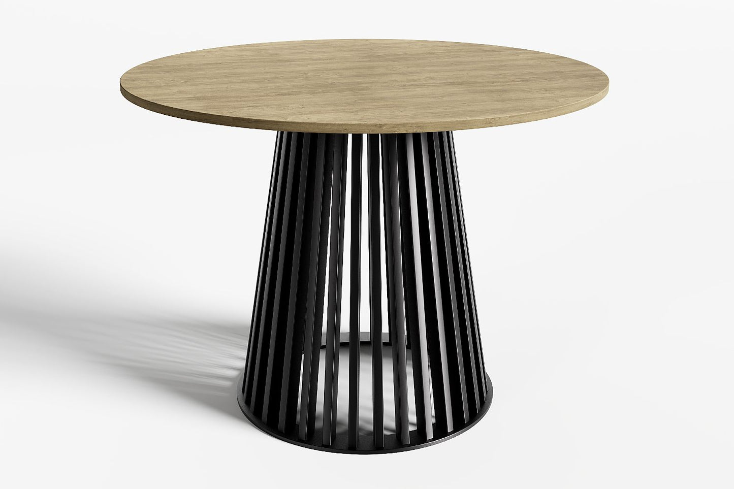 Ronde eettafel, tuintafel cone vormig stalen zwart onderstel met houten blad.