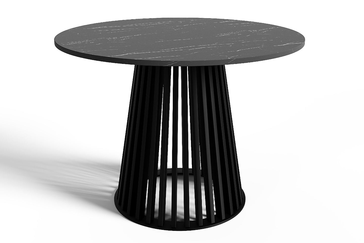 Cone vormige ronde eettafel, buitentafel met zwart stalen frame en dekton , keramiek tafelblad.