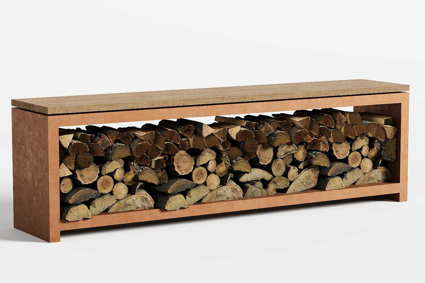 Cortenstaal tuinbank met houtopslag en houten zitting.