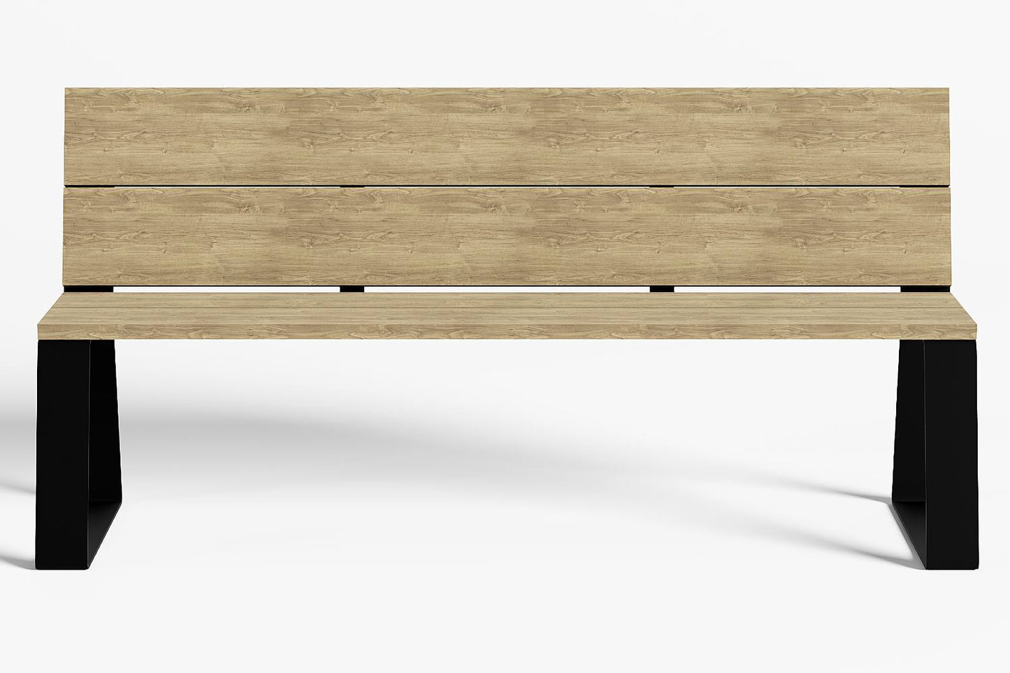 Tuinbank, buitenbank met rugleuning, houten zitting en rugleuning en zwart trapezium stalen onderstel.