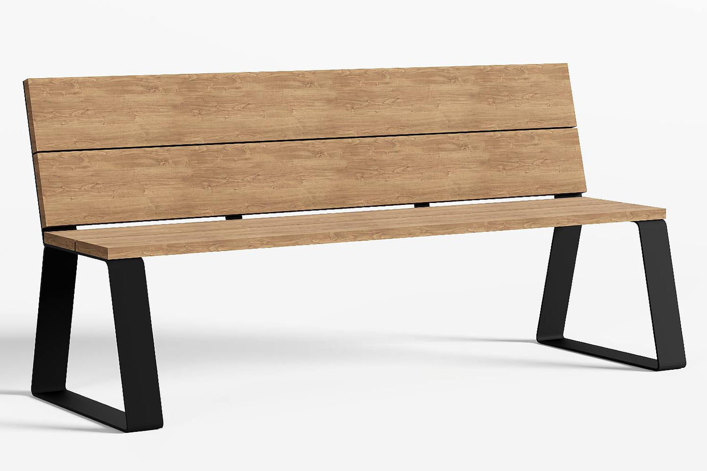 Tuinbank met rugleuning met een zwart stalen trapezium onderstel en houten rugleuning en zitting