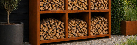 Cortenstalen houtopslag in de tuin met netjes gestapeld haardhout, modern en robuust design.