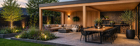 Moderne tuin met overkapping, houten veranda, buitenkeuken en sfeervolle verlichting in een strak ingerichte buitenruimte.