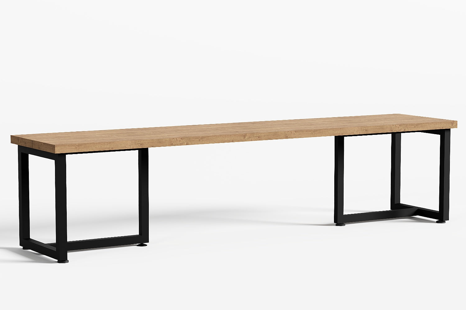 tuinbank, zwart stalen frame, houten blad, buiten bank.