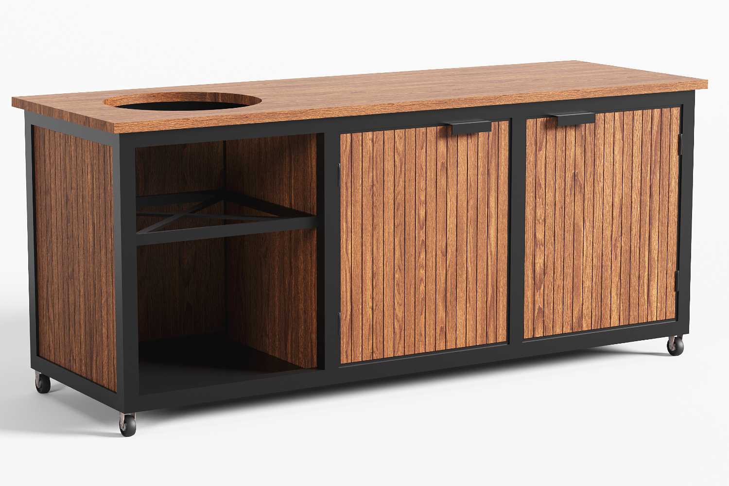 Moderne luxe buitenkeuken met hard houten afwerking en zwart stalen frame van R&A Buitenleven