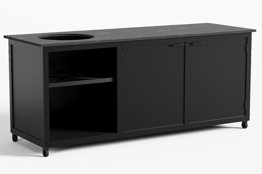 Zwart poedercoated stalen buitenkeuken met een dekton werkblad, keukenblad van R&A Buitenleven