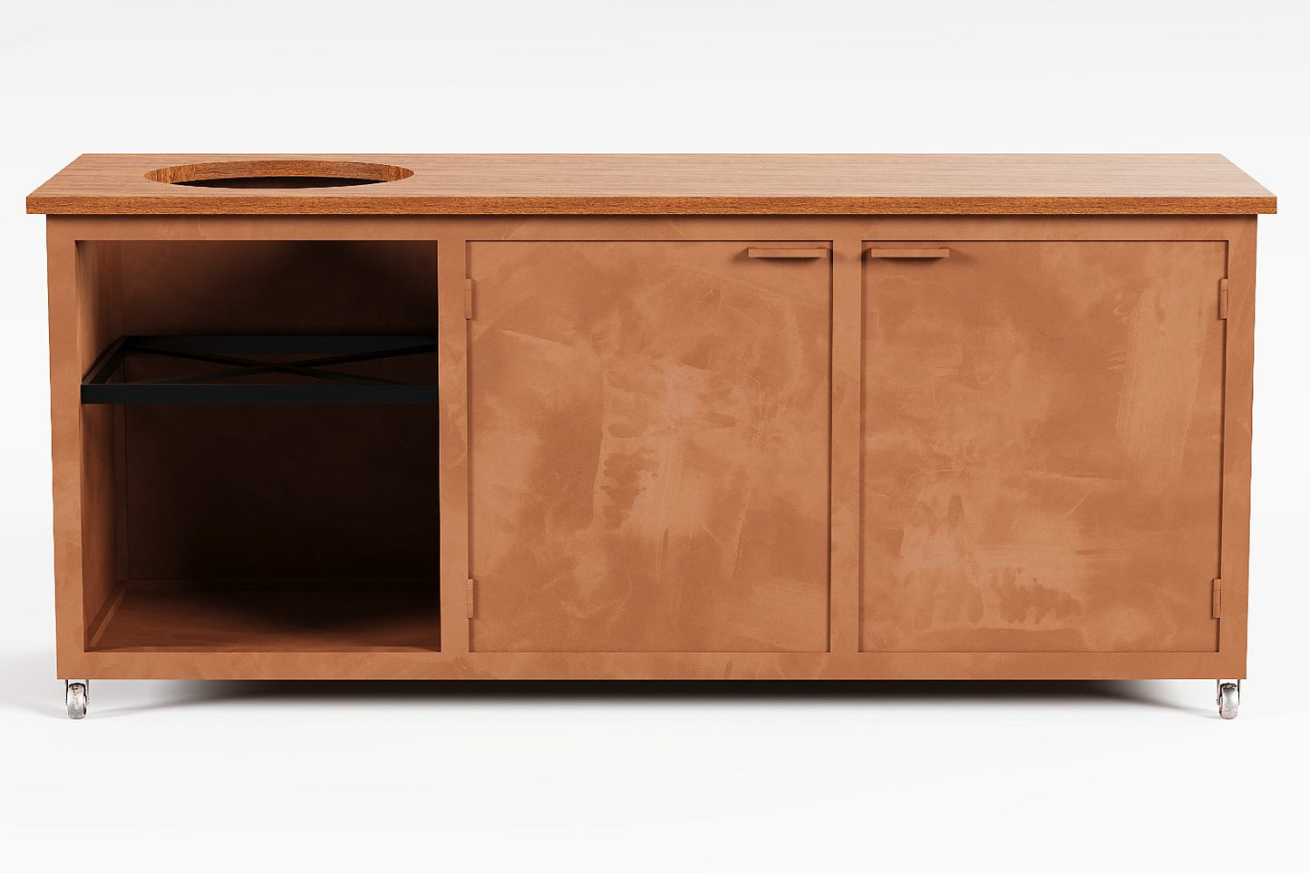 Vooraanzicht cortenstalen buitenkeuken met een houten werkblad, ook RVS werkblad mogelijk bij R&A Buitenleven