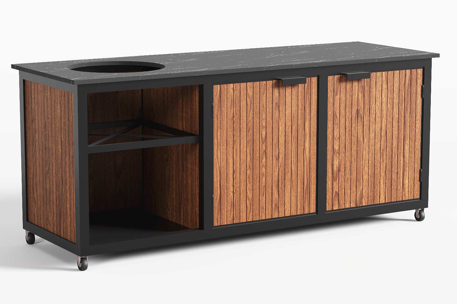 Moderne luxe afgewerkte buitenkeuken met duurzaam houten afwerking en dekton of keramiek werkblad. R&A Buitenleven