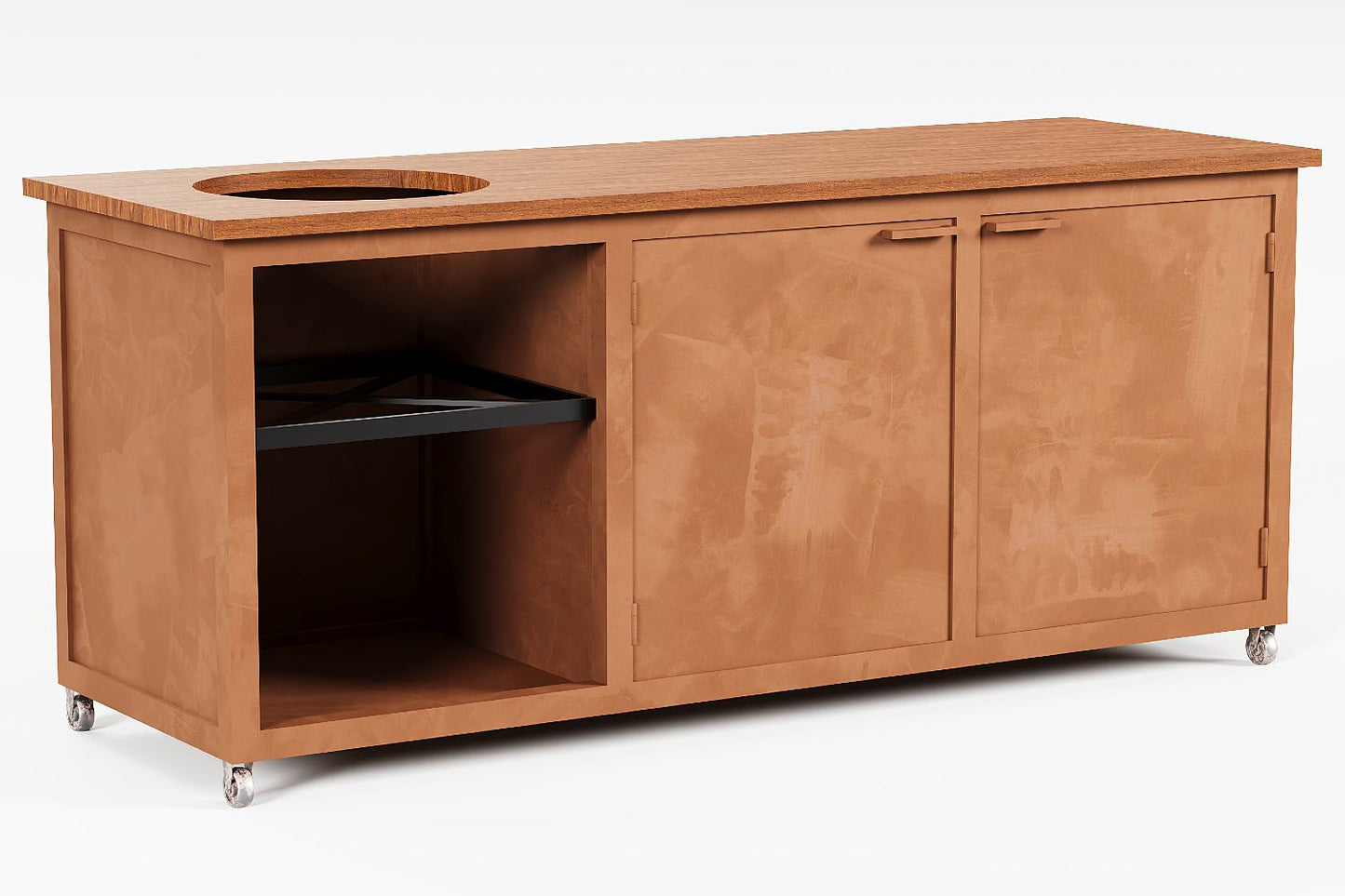 Cortenstaal buitenkeuken duurzaam en modern met houten werkblad, ook RVS mogelijk bij R&A Buitenleven