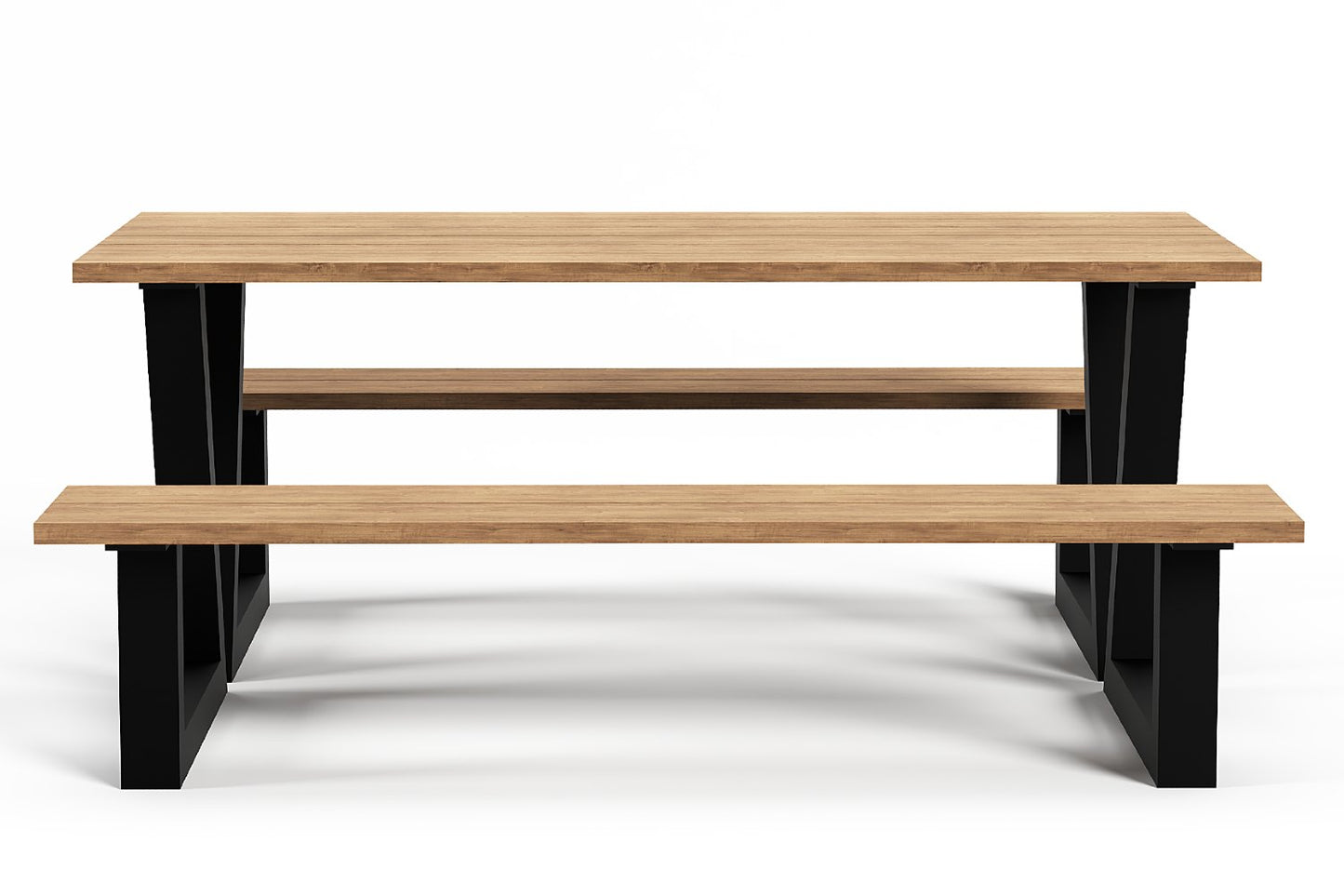 picknicktafel met een modern Z-line zwart stalen frame, voorzien van houten zittingen en blad.