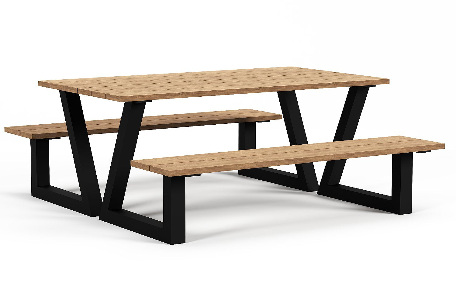 Modern z-line stalen zwart frame picknicktafel met houten blad en zittingen.