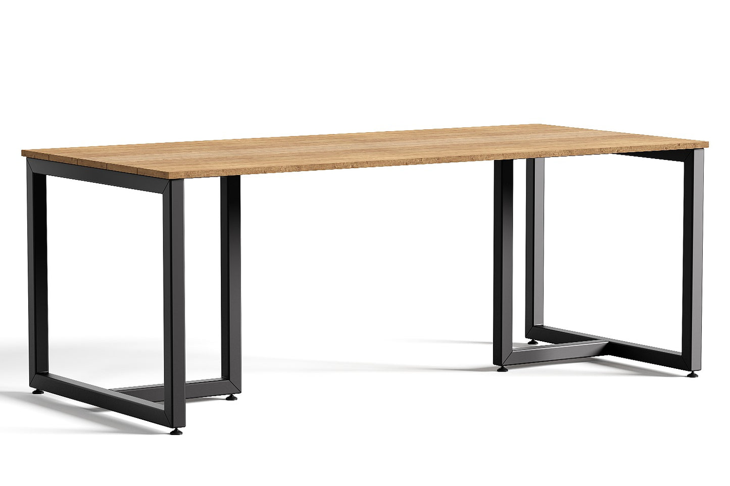 Tuintafel, eetaffel met een houten blad op een zwart stalen frame.