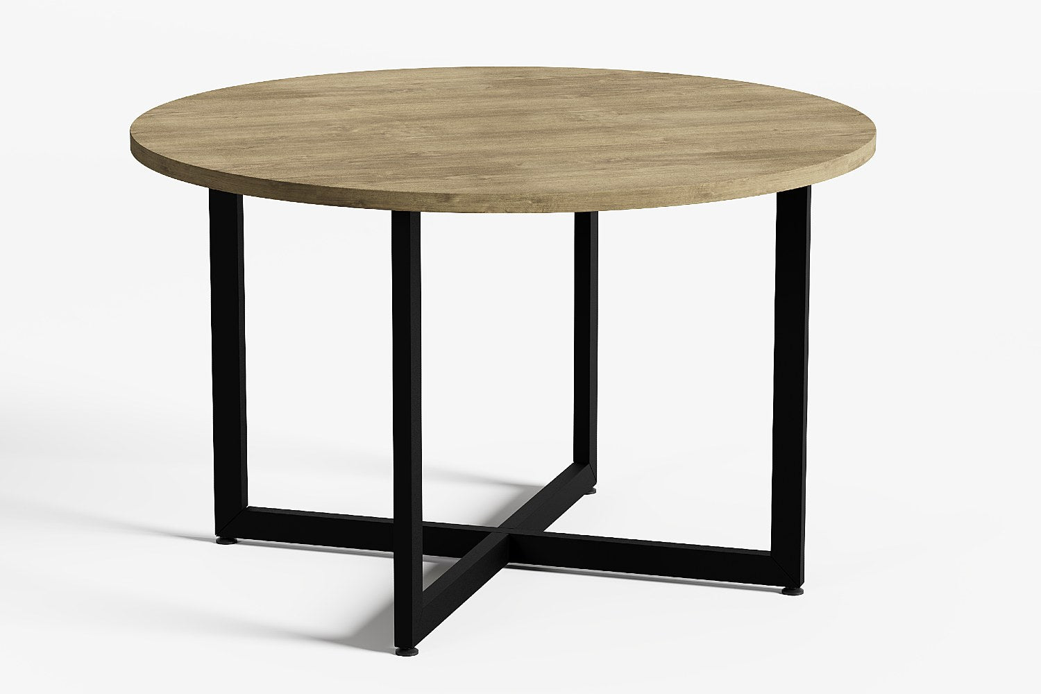Ronde tuintafel eettafel, zwart stalen u line frame met houten blad. 