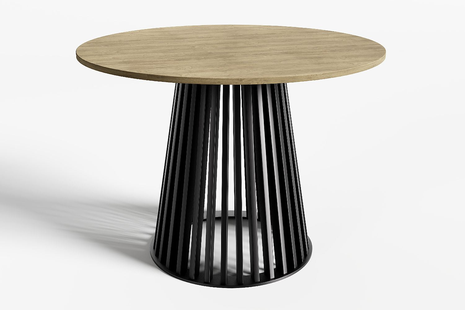 Ronde eettafel, tuintafel cone vormig stalen zwart onderstel met houten blad.