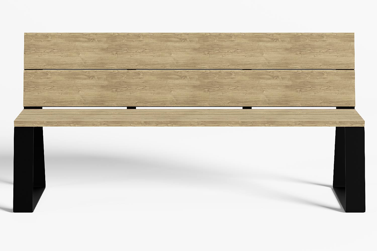 Tuinbank, buitenbank met rugleuning, houten zitting en rugleuning en zwart trapezium stalen onderstel. 