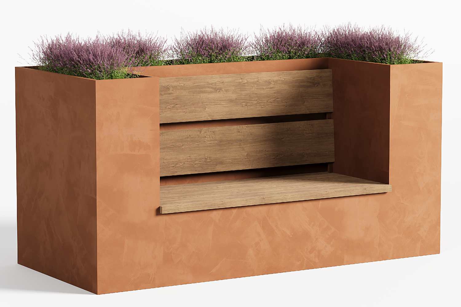 Tuinbank met bloembakken, houten zitting, cortenstaal plantenbak