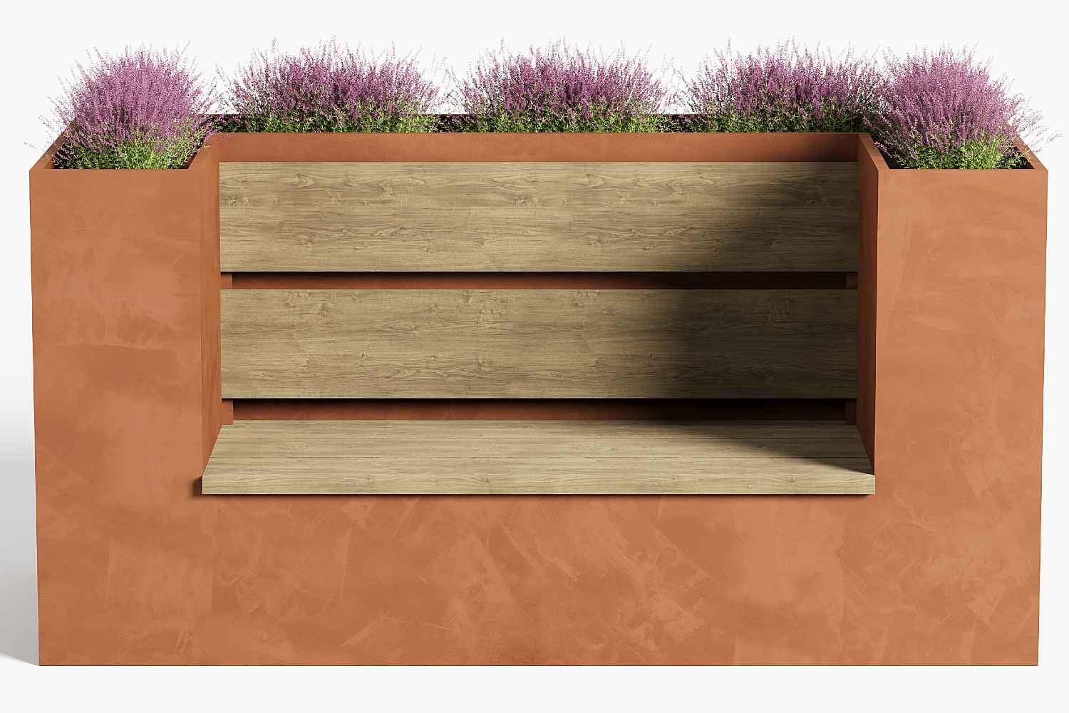 Cortenstaal tuinbank geïntegreerd in plantenbakken, bloembak, met houten zitting. 