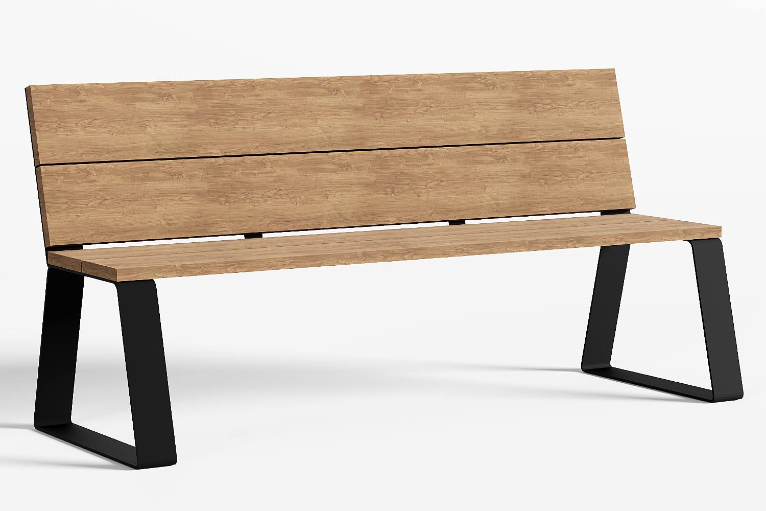 Tuinbank met rugleuning met een zwart stalen trapezium onderstel en houten rugleuning en zitting
