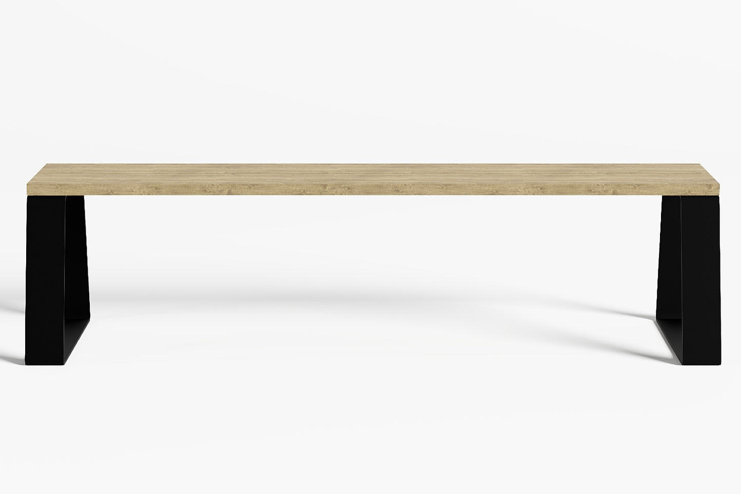 Tuinbank, buiten bank met houten zitting en zwart stalen trapezium onderstel. 