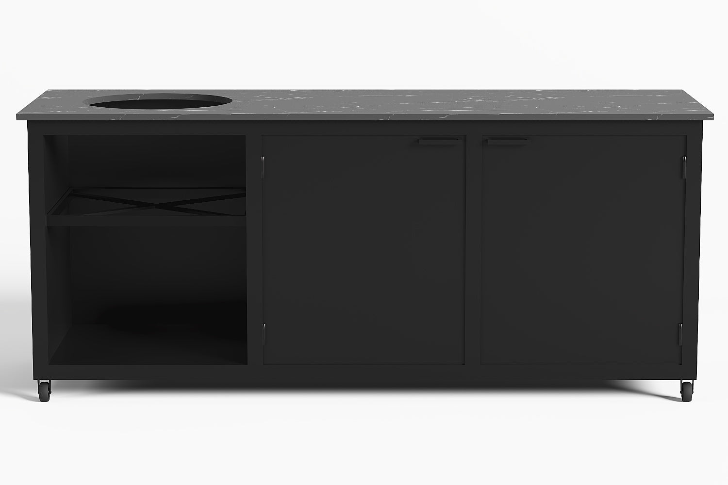 Moderne, luxe zwart coated stalen buitenkeuken met een dekton keukenblad, geschikt voor kamado van R&A Buitenleven.